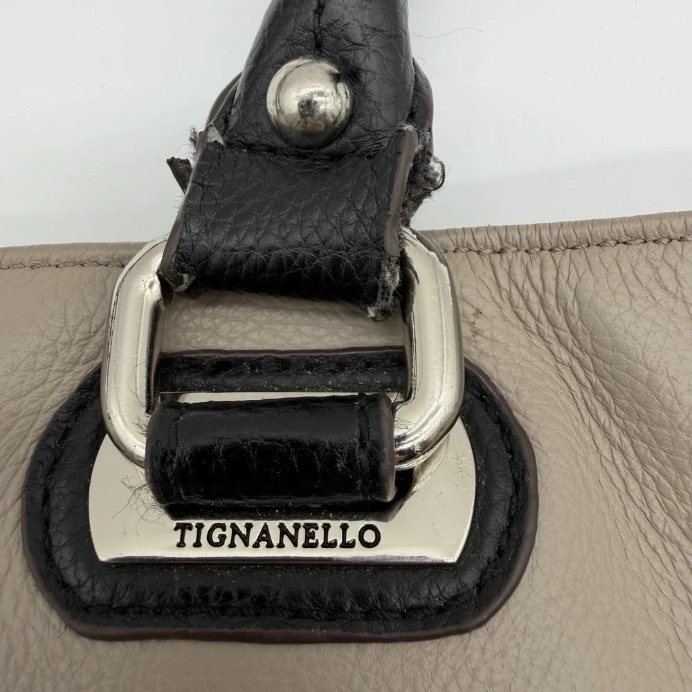 Tignanello Perfect Pockets Tote Colorblock Pebbled Leather Taupe/Black Y2K Style